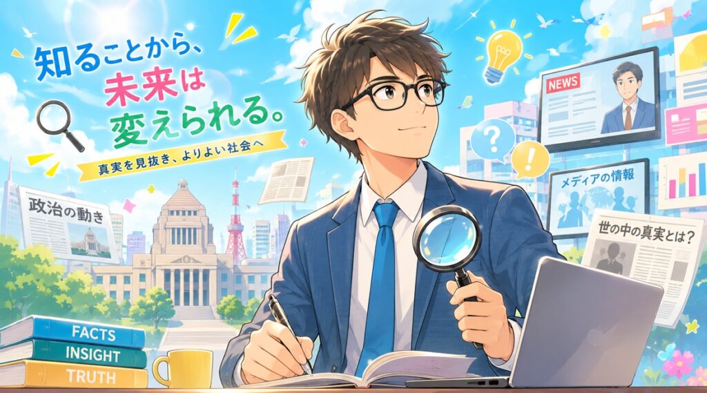 「知ることから、未来は変えられる。真実を見抜き、よりよい社会へ」というメッセージのビジュアル